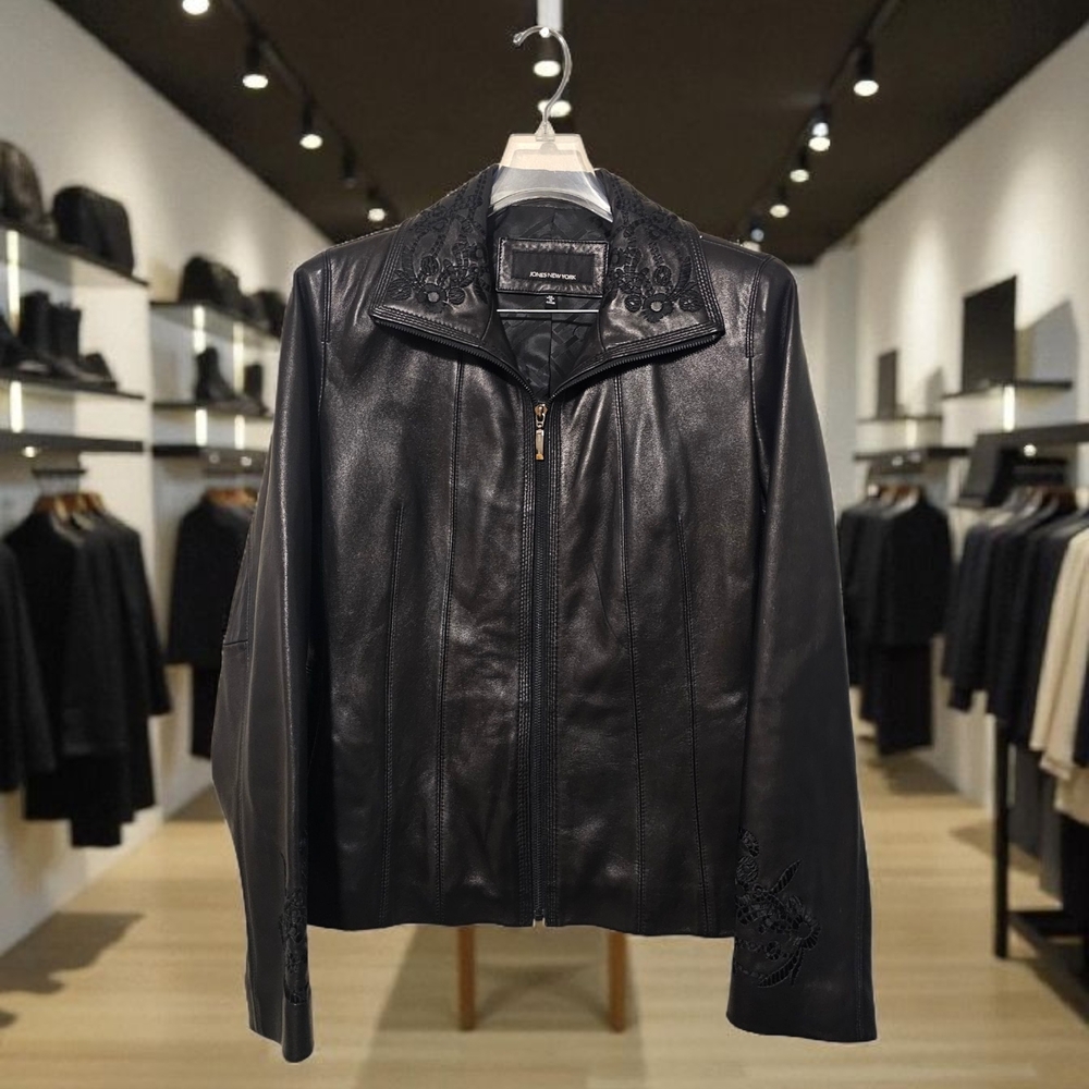Jones New York Black Leather Jacket with Embroidery Sz M